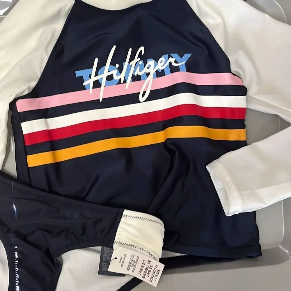 NWT Tommy Hilfiger Girls Two Piece Swim Suit Long Sleeve Set Size M 8/10